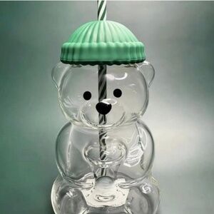 New 20 oz Glass Bear Cup with Straw